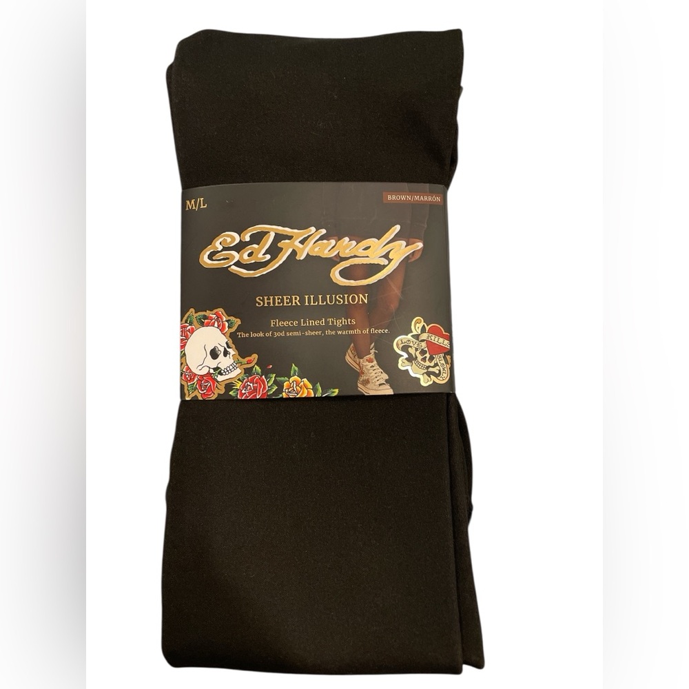 Ed Hardy Sheer Illusion Brown Fleeced Lined Tights Size M/L